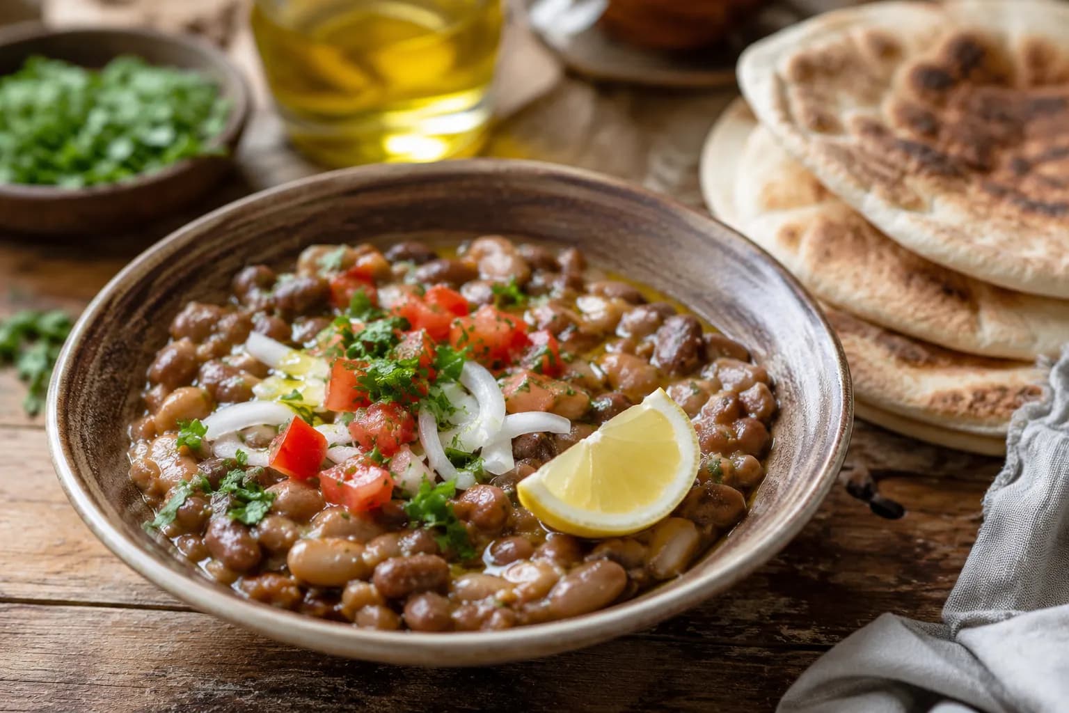 Traditional foul medames with olive oil and bread