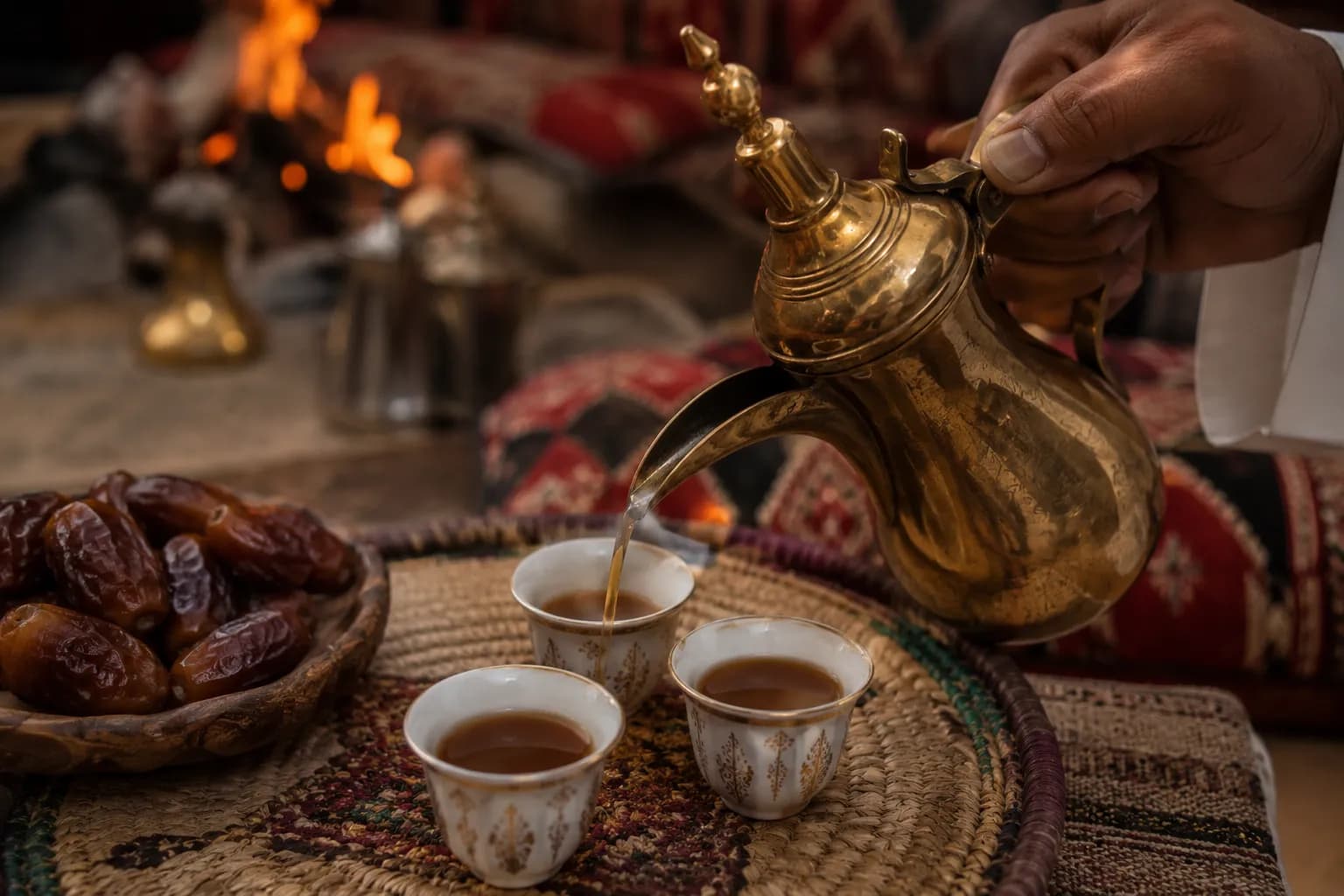 Traditional Arabic coffee (qahwa) being poured with dates
