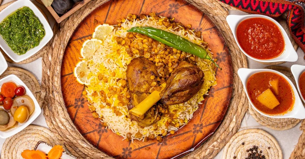 Traditional kabsa with chicken, spiced rice, and sauces