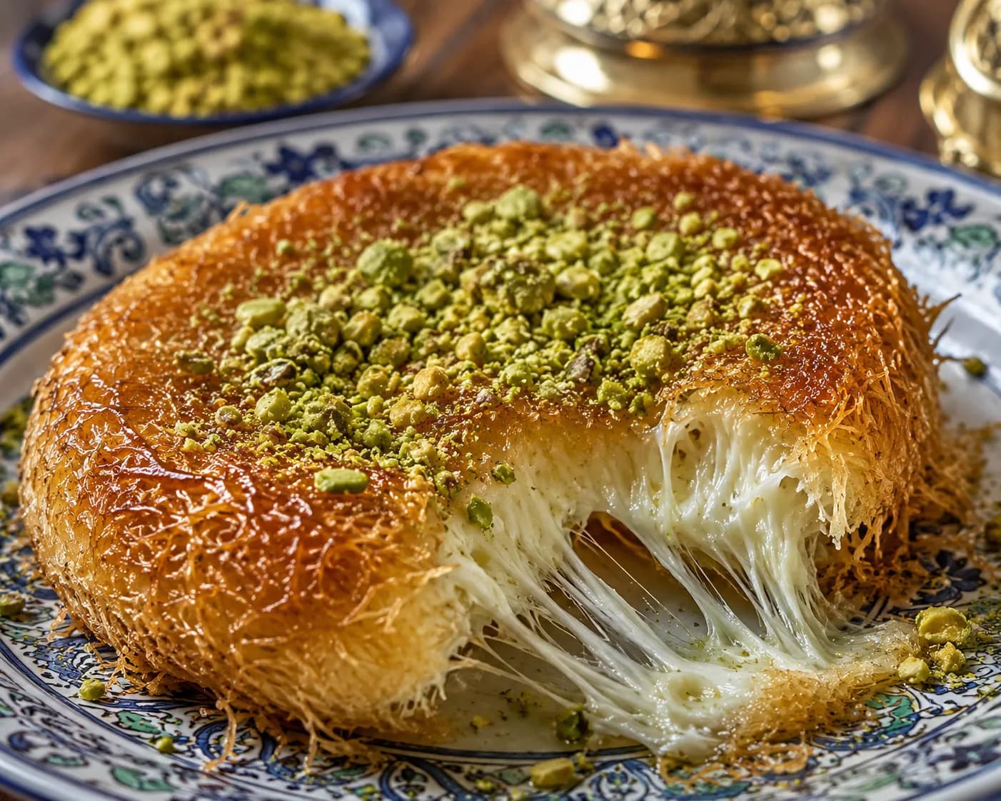 Traditional kunafa dessert with cheese and pistachios