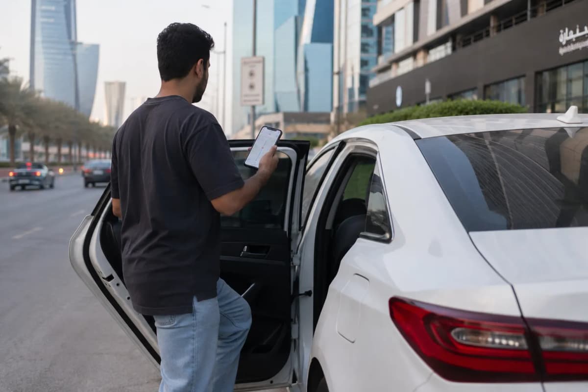 Man using ride-hailing app to get a car in Riyadh